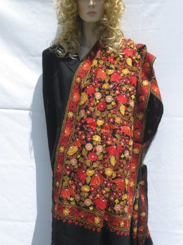 SHAWL CASHMERE PASHMINA WRAP WITH ALL OVER CREWEL EMBROIDERY