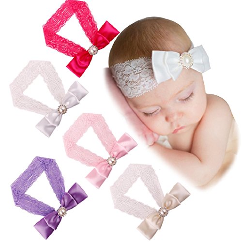 DZT1968® Baby Girl Wide Lace Turban Headband Head Wrap Hair Band With Pearl Bowknot