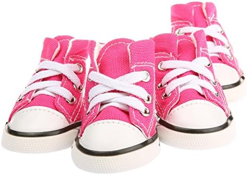 Rainbowee 4Pcs Casual Non-slip Pet Rubber Boots Lace-up Dog Puppy Sneaker Canvas Sport Shoes (Medium, Pink)