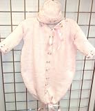 Hand Knitted Crochet Finished Pink Chenille Baby Bunting Hat Set Trimmed with Gren and Pink Silk Rose Buds