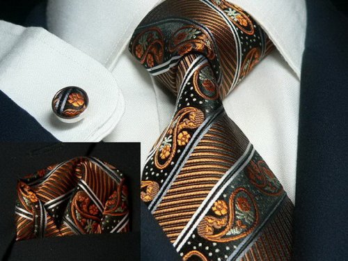 Landisun 147 Dark Brown Paisleys Mens Silk Tie Set: Tie+Hanky+Cufflinks