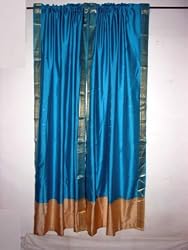2 Picton Blue Silk Sari Curtains Gold Border Indian 84"