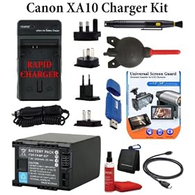 Canon XA10 Charger Accessory Kit + International Charger + Spare Battery BP-827 + Card Reader + LCD Screen Protector + Giotto's Rocket Air Blower + Lens Pen Cleaning System + Cleaning Solution + Micro Fiber Cleaning Cloth + HDMI Cable