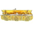 Fantastic evening bag, in a gold colour with sequins and beads all over it. Has a purse type clip to shut,has a inside pocket. Has a silver coloured chain shoulder strap, which can be taken off if you dont wish to use it. Has a beaded handle also in yello