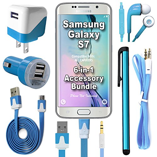 441 Wireless 6 Item Accessory Bundle for Samsung Galaxy S7 / S7 Edge (All Carriers) Includes: Car Charger, Home Charger, Data Cable, Headphones, Auxiliary Cord &amp; Stylus Pen (6 Piece-Light Blue)