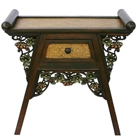 Handmade Asian Furniture - 26" Teak Wood & Rattan End Table / Nightstand With Carved Floral Trim