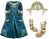 Disney Store Brave Hero Princess Merida Deluxe Costume Set for Girls Including Adventure Dress (Size Small 5/6) with Matching Gladiator Sandals/Shoes (Size 11/12) and Tiara Crown