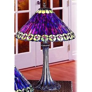 Purple and Green Peacock Table Lamp with Round Hand-Polished Antique Pewter Finish Base by Paul Sahlin Tiffanys, Inc