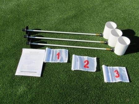Golf Practice Putting Green - Natural or Synthetic - Deluxe Accessory Kit - (3) White Aluminum 6" Deep Regulation Cups + (1) White Jr Flag with a Red #1, (1) White Jr Flag with a Red #2, (1) White Jr Flag with a Red #3 + (3) 30" White Fiberglass Pin Markers with Ball Lifter Disk