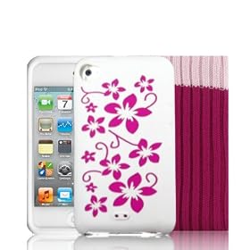 BPM Pink Flowers White Silicone Case Cover Skin, Screen Protector, & Pink Ipod Touch Sock for the Apple iPod Touch 4G 4th Generation - 8GB 32GB 64GB