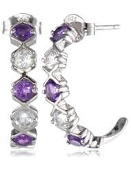 Sterling Silver Round Gemstone and White Topaz Gemstone "J" Hoop Earrings (1.00 cttw)