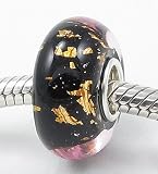 A33 Reflective Gold Foil Flecks in a Black European Murano Style Glass Bead Charm with Solid Sterling Silver Single Core Stamped 925 Fits Pandora Biagi Chamilia Troll Bracelets