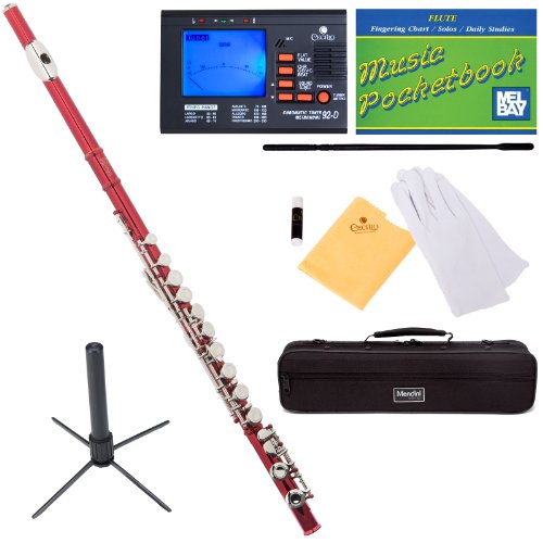 Mendini MFE-RD+SD+PB+92D Red Lacquer Closed Hole C Flute with 1 Year Warranty, Case, Tuner, Stand, Cleaning Rod and Cloth, Grease, and Gloves On Sale