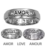 Sterling Silver Spinner Ring - Love/Amor/Amour - Band Width: 7mm - Finish: Rhodium Plate - Size: 6-13