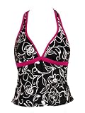 Body I.D. Black and White Floral w/ Fuchsia Trim Halter Tankini Swim Top (8)