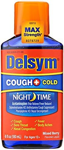 Delsym Adult Liquid Cough Plus Night Time Cough Suppressant Plus Cold Liquid, Mixed Berry, 6 Ounce x Multipack of 4