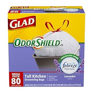 Glad OdorShield Tall Kitchen Drawstring Trash Bags, Lavender, 13 Gallon, 80 Count