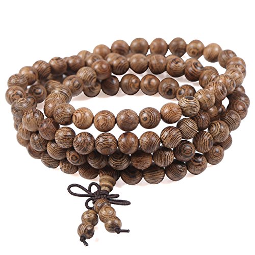 Areke Mens Wood Bracelets Link Wrist Necklace Unisex Women's Tibetan Buddhist Bead Prayer Buddha Mala Color Brown
