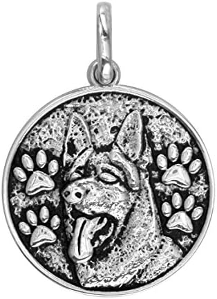 Large Round German Shepherd Charm with Black in Sterling Silver