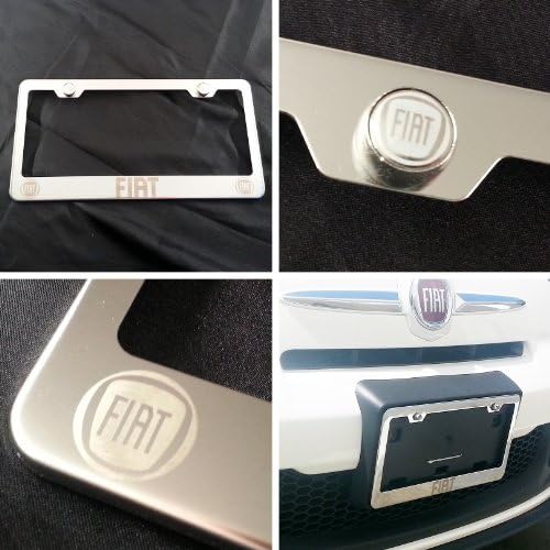 Polish Chrome Laser Engraved Fiat Stainless Steel USA License Plate Frame with Engraved Steel Logo Screw Cap Combo 12.25" X 6.5"