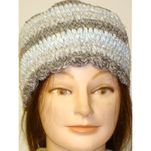 Hand Crocheted Blue Dark Grey Light Grey Stripes Chenille Skull Cap