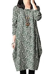 Long Sleeves Cotton/Linen Shift Floral Print  Dress