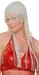 Silver Beaded Headpiece Cap with Long, Long Strands of Beads