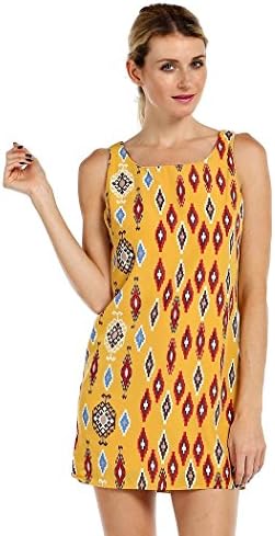 RACK29 - Aztec Tribal Print Sleeveless Tank Shift Casual Summer Dress - Medium, Mustard