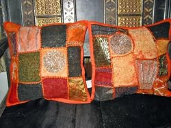 2 Gorgious Orange Black Patch-work Pillow Cushion Covers From India Free Shipping