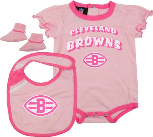 Cleveland Browns Newborn Pink Creeper, Bib, and Bootie Set
