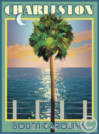 Charleston Palmetto Tree-Art Deco Style Vintage Travel Poster-by Aurelio Grisanty