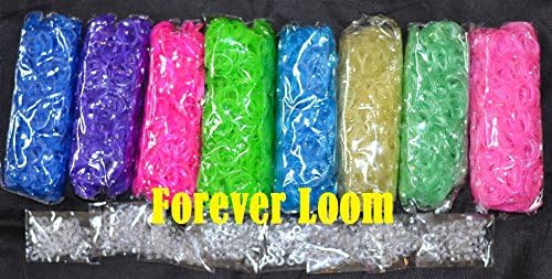 Forever Loom 4800 Mixed Glitter refill pack with 192 S Clips (600 Rubber Bands of 8 different colors compatible with any Loom kit especially the Rainbow Loom)