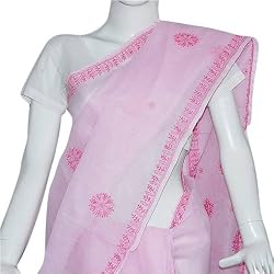 Womens Dresses - Saris in Cotton with Chikan Embroidery Pink (chsari122)