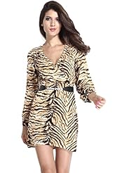 V-neck Tiger Print Long Sleeves Club Dress  With a Sash 