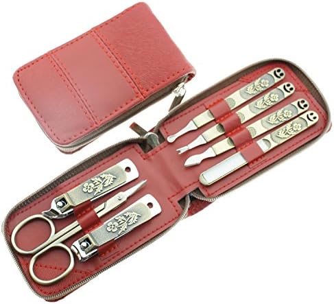 Okbool 7pcs Red Water Ripples Stainless Steel Manicure Pedicure Set ,Travel &amp; Grooming Set, Personal Care Tools, Nail Scissors Nail Clippers Kit with Leather Case (Carved Bronze)