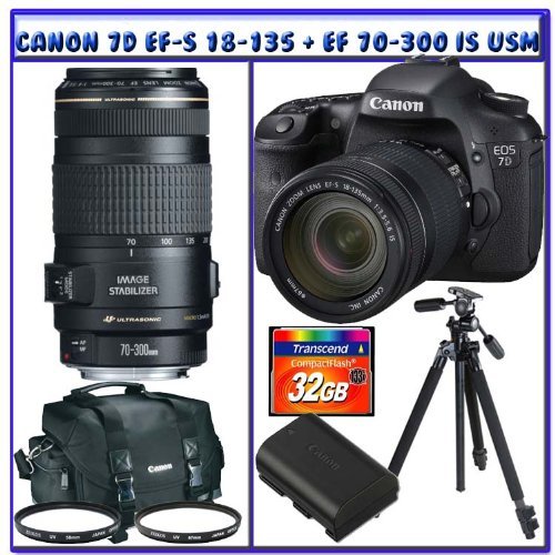 Canon EOS 7D 18 MP CMOS Digital SLR with Canon 18-135mm IS Lens + Canon EF 70-300mm f/4-5.6 IS USM Lens + Canon LPE6 Spare Battery + Canon Deluxe SLR Gadget Bag + Multi-Coated UV Essential Filter x2 + Sunpak PRO 523PX Pistol Grip Tripod + Transcend 32GB 133X CompactFlash Memory Card & Much More! Willoughby's Est. 1898 Enthusiast Zoom Bundle