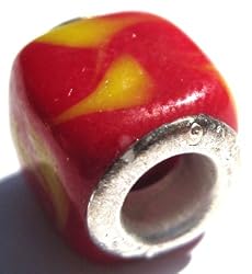 Murano Style Glass Cube 925 Bead Fits Pandora Red and Yellow Swirl