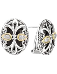 Enchanta Collection Sterling Silver & 18K Black Onyx and Diamond Fleur de Lis Oval Omega-Clip Earrings