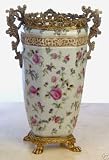Antique Porcelain Floral Cute Vase with Brass Trim