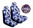 - Blue Universal-fit Hawaiian Hibiscus Floral Print Low Back Front Bucket Seat Cover with Separate Headrest Cover, Steering Wheel Cover and Shoulder Seat Belt Pads Combo