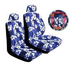 - Blue Universal-fit Hawaiian Hibiscus Floral Print Low Back Front Bucket Seat Cover with Separate Headrest Cover, Steering Wheel Cover and Shoulder Seat Belt Pads Combo