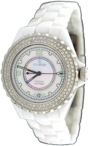 Le Chateau #5802 Women's Mid Size White Ceramic Watch with Crystal Bezel