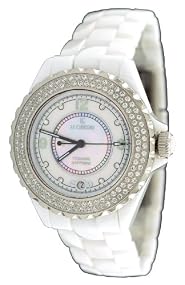 Le Chateau #5802 Women's Mid Size White Ceramic Watch with Crystal Bezel