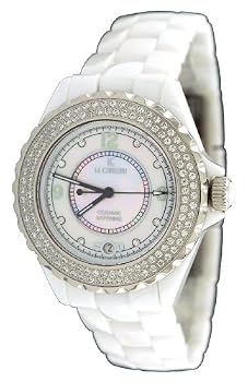 Le Chateau #5802 Women's Mid Size White Ceramic Watch with Crystal Bezel