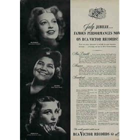 July Jubilee ... Famous Performances Now On RCA Victor Records! JEANETTE MACDONALD sings operatic favorites, DOROTHY MAYNOR sings "Sacred Songs", and GLSDYS SWARTHOUT presents her newest album. ..... 1947 RCA Victor Records Ad, A3858.