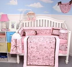 Soho Pink & Brown French Toile Baby Crib Nursery Bedding Set 13 pcs included Diaper Bag with Changing Pad & Bottle Case
