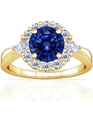 18K Yellow Gold Round Cut Blue Sapphire Ring With Sidestones (GIA Certificate)