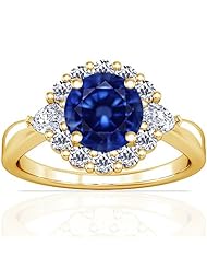 14K Yellow Gold Round Cut Blue Sapphire Ring With Sidestones (GIA Certificate)