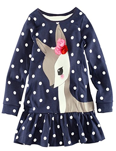 Little Girls Long Sleeve Deer Polka Dots One-piece Dress Top