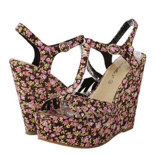 Womens Brown Wedges Platforms FLORAL Shoes Sandals